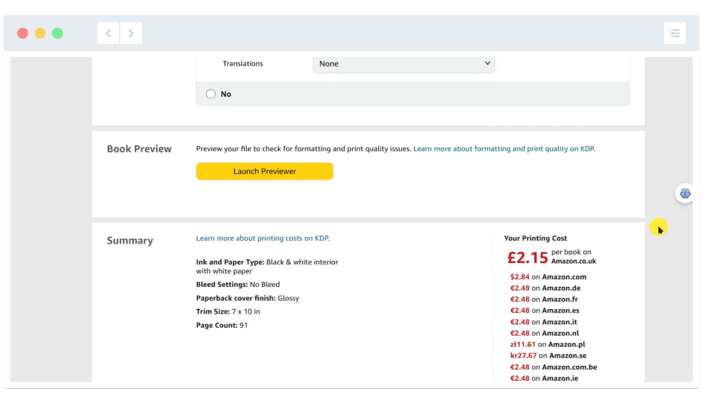KDP print preview page showing printing options, costs, and book details with a "Launch Previewer" button.