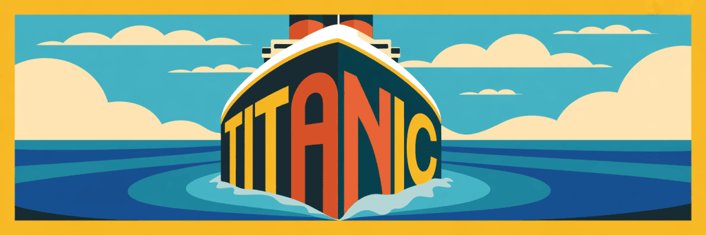 Stylized illustration of the Titanic ship at sea with its name in large letters on the bow.