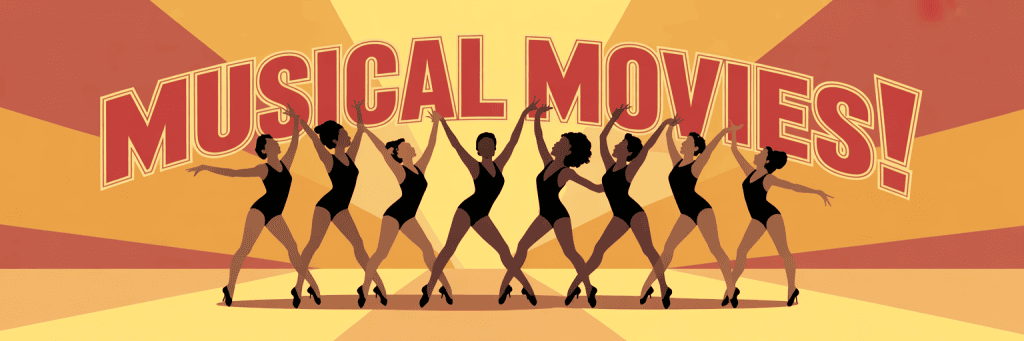 Nine women in black leotards pose in front of a large “MUSICAL MOVIES!” sign with a retro sunburst background.