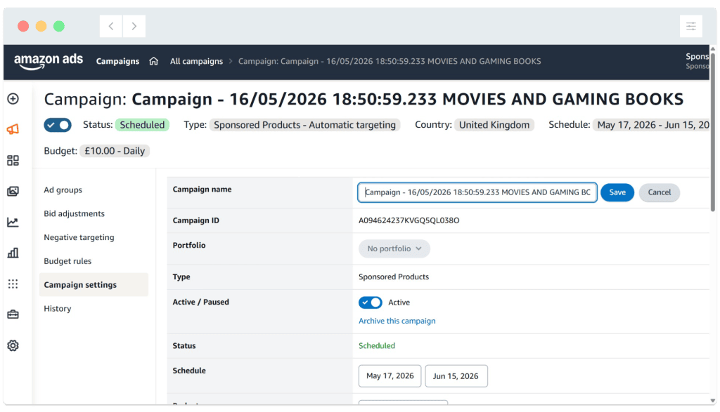 Screenshot of an Amazon Ads campaign setup page showing campaign details and scheduling options.