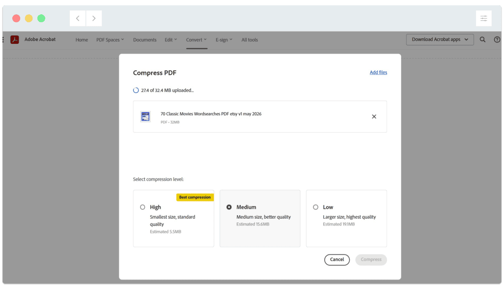 Adobe Acrobat web interface showing a PDF upload with options to select compression level: High, Medium, or Low.