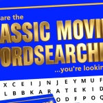 A blue poster titled "Classic Movies Wordsearches" with a sample word search grid shown below the title.
