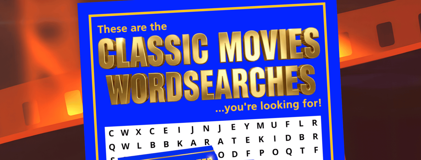 A blue poster titled "Classic Movies Wordsearches" with a sample word search grid shown below the title.