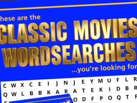 A blue poster titled "Classic Movies Wordsearches" with a sample word search grid shown below the title.