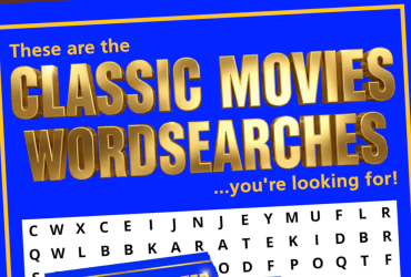 A blue poster titled "Classic Movies Wordsearches" with a sample word search grid shown below the title.