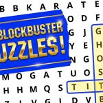 A word search puzzle highlights "GHOST" and "TITANIC" with a sign reading "70 BLOCKBUSTER PUZZLES!" on top.
