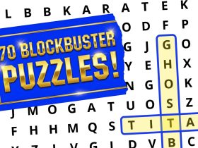 A word search puzzle highlights "GHOST" and "TITANIC" with a sign reading "70 BLOCKBUSTER PUZZLES!" on top.