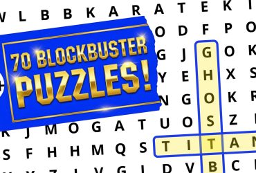 A word search puzzle highlights "GHOST" and "TITANIC" with a sign reading "70 BLOCKBUSTER PUZZLES!" on top.