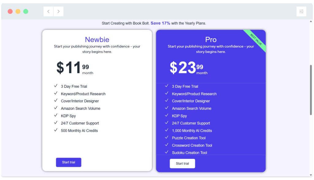 Pricing plans comparison: "Newbie" at $11.99/month and "Pro" at $23.99/month with different feature lists and start trial buttons.