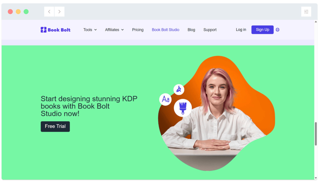 Book Bolt Studio website banner showing a woman at a desk and a "Free Trial" button on a green background.