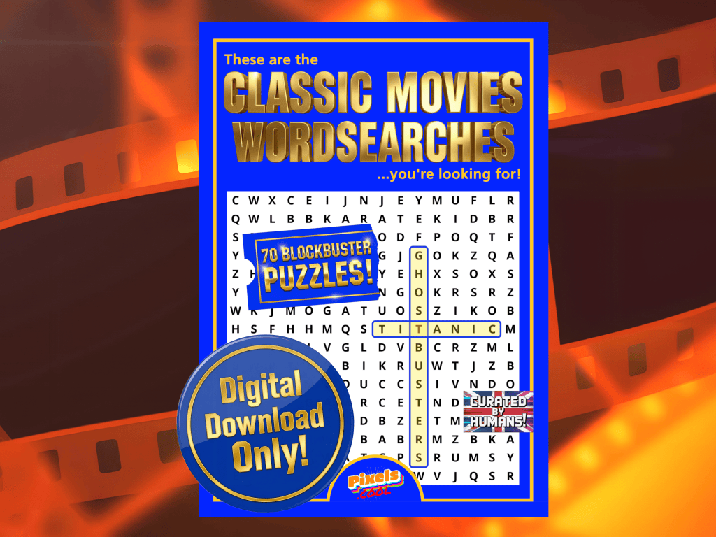 Cover of a "Classic Movies Wordsearches" puzzle book with a word search grid and digital download only label.