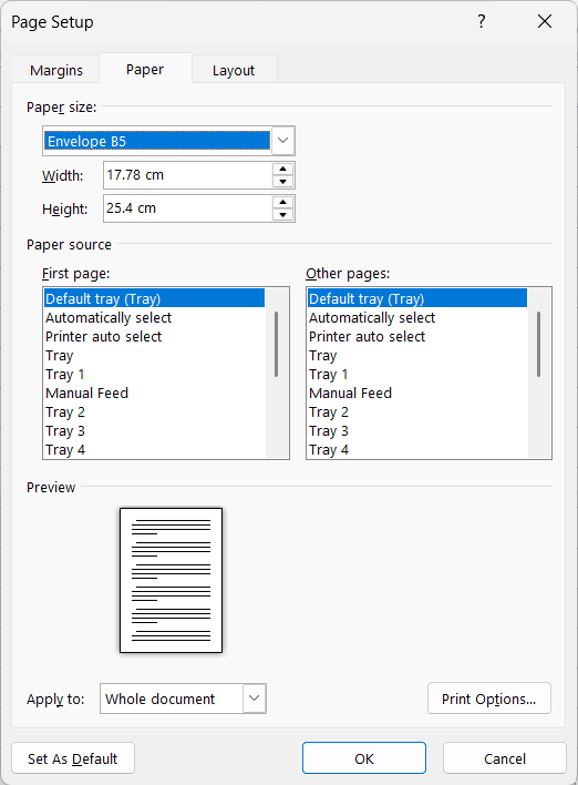 Page Setup window showing Envelope B5 paper size selected, with tray and paper source options listed for printing.