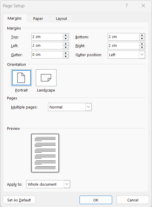 Page Setup window showing margin, orientation, and page settings for a document, with Portrait orientation selected.