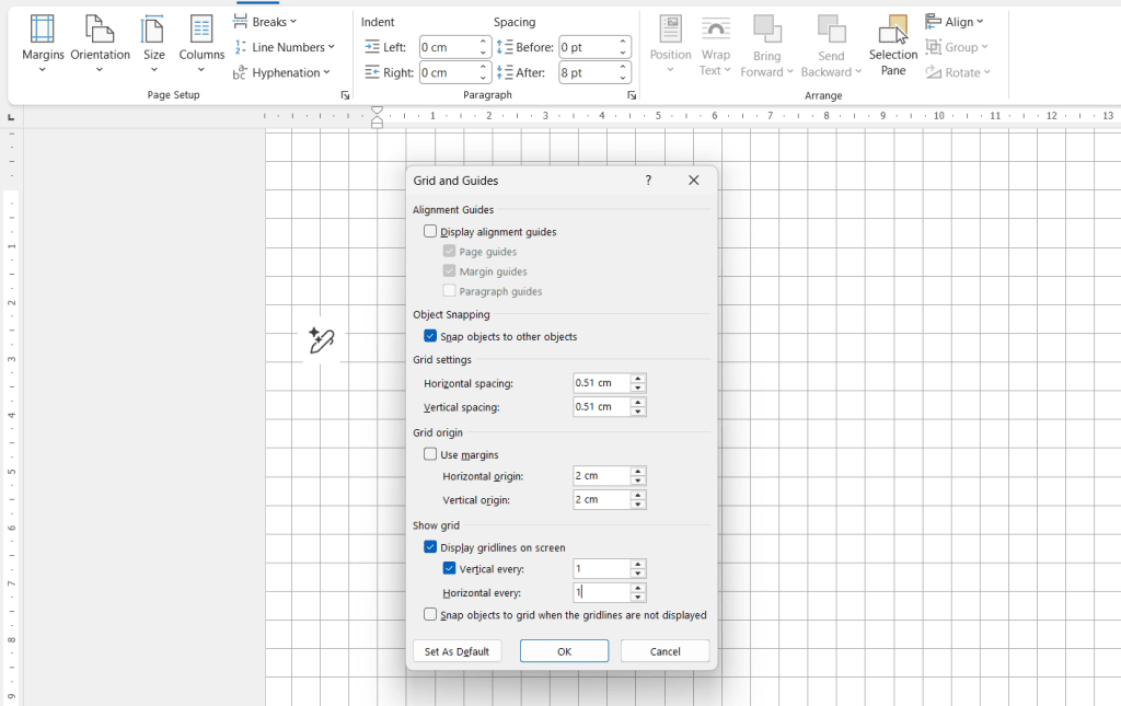 A "Grid and Guides" settings window is open over a graph paper layout in a document editing program.