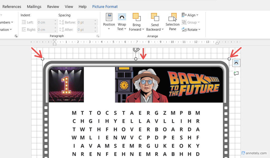 Screenshot of a Word document with a Back to the Future image above a word search puzzle.