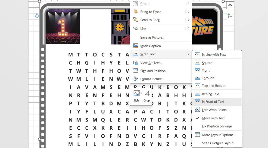 Screenshot of a Word document showing a word search and an open right-click context menu for image formatting options.