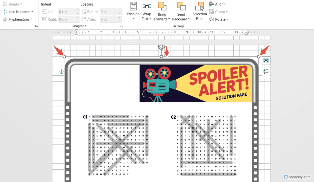 Screenshot of a Word document showing a "Spoiler Alert!" banner above two completed word search puzzles.