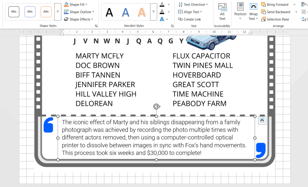 A movie-themed slide lists character names and props, with a text box explaining a special effects technique.