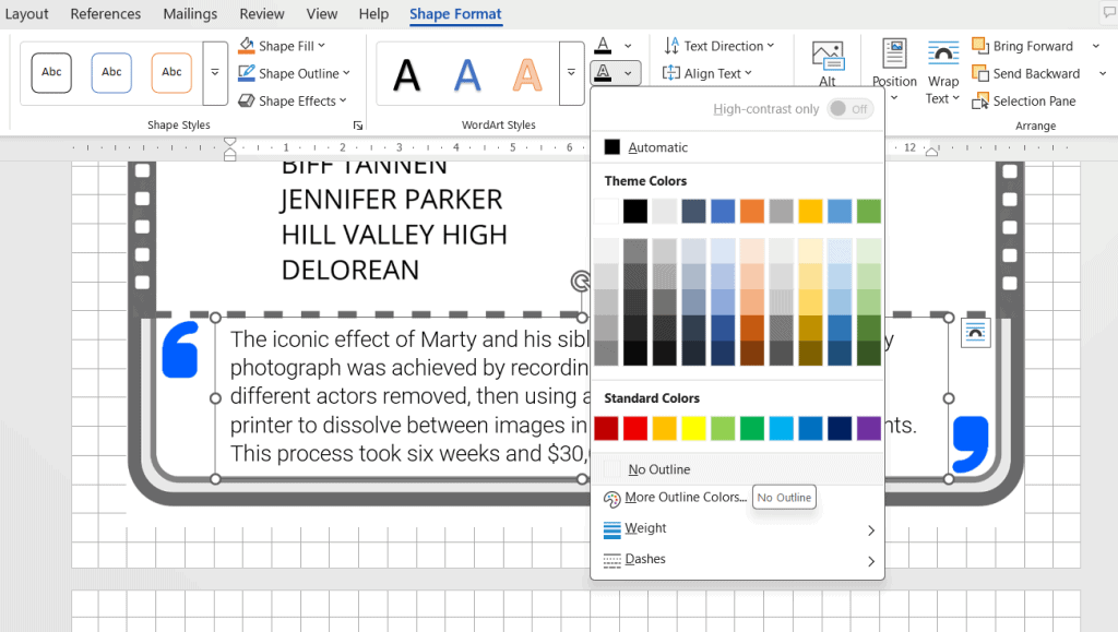 Screenshot of Word's Shape Format tab showing shape outline and color options over a text box.
