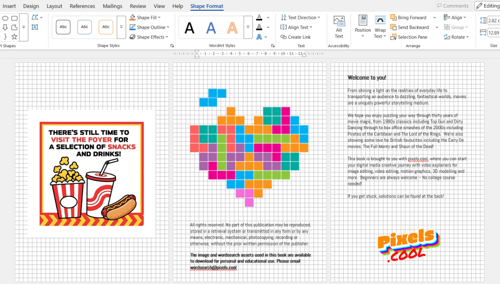 A PowerPoint slide with a snacks ad, a heart-shaped pixel art graphic, and welcome text from Pixels Cool.