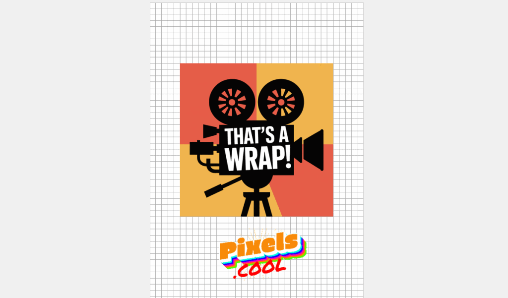 Illustration of a film camera with the text "That's a wrap!" on a grid background, above the logo "Pixels.cool".