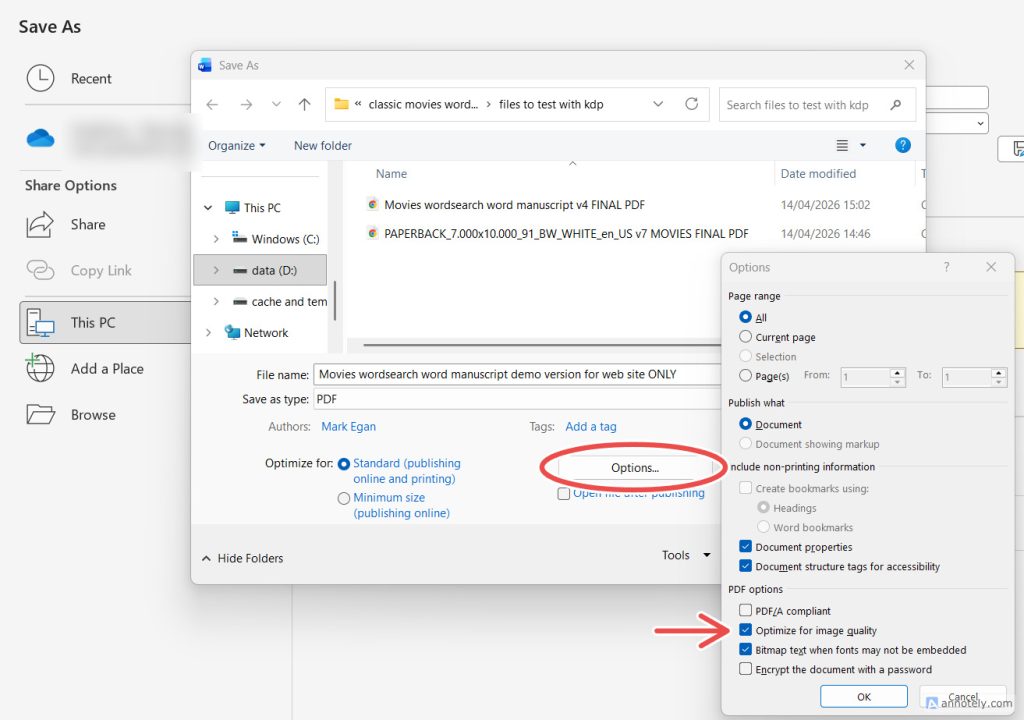 A Save As dialog box with PDF options open; "Optimize for image quality" is selected and an arrow points to this option.