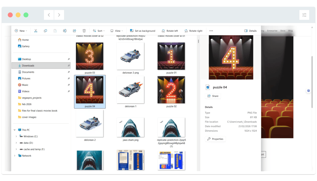 A computer file explorer window showing image thumbnails, with one image of a large illuminated number 4 selected.