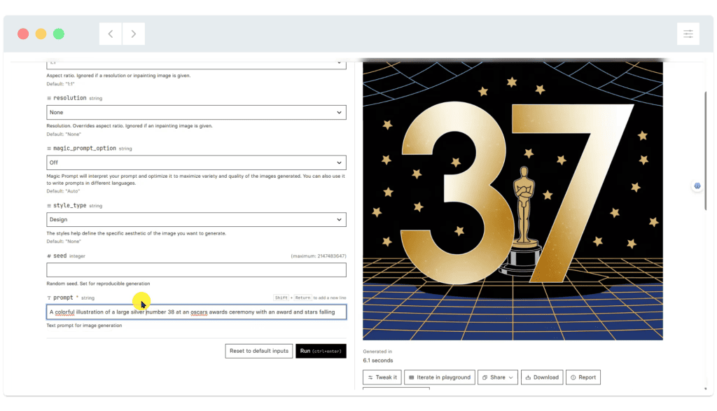 Screenshot of an AI image generation interface with a gold "37" and Oscar-like statue on a starry background.