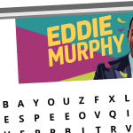 A word search puzzle with a marquee reading "Puzzle 62" and a colorful illustration labeled "Eddie Murphy.