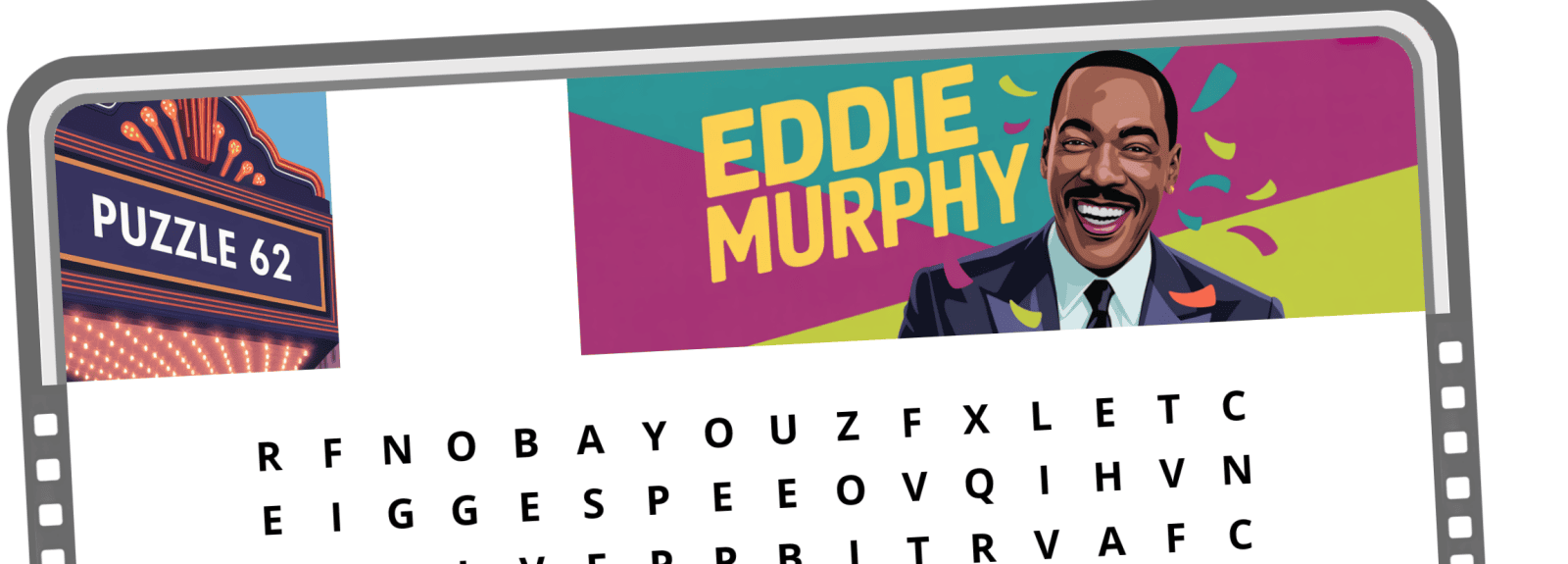 A word search puzzle with a marquee reading "Puzzle 62" and a colorful illustration labeled "Eddie Murphy.