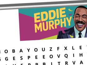 A word search puzzle with a marquee reading "Puzzle 62" and a colorful illustration labeled "Eddie Murphy.