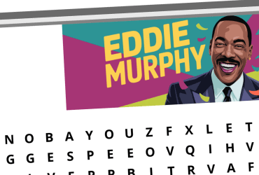 A word search puzzle with a marquee reading "Puzzle 62" and a colorful illustration labeled "Eddie Murphy.
