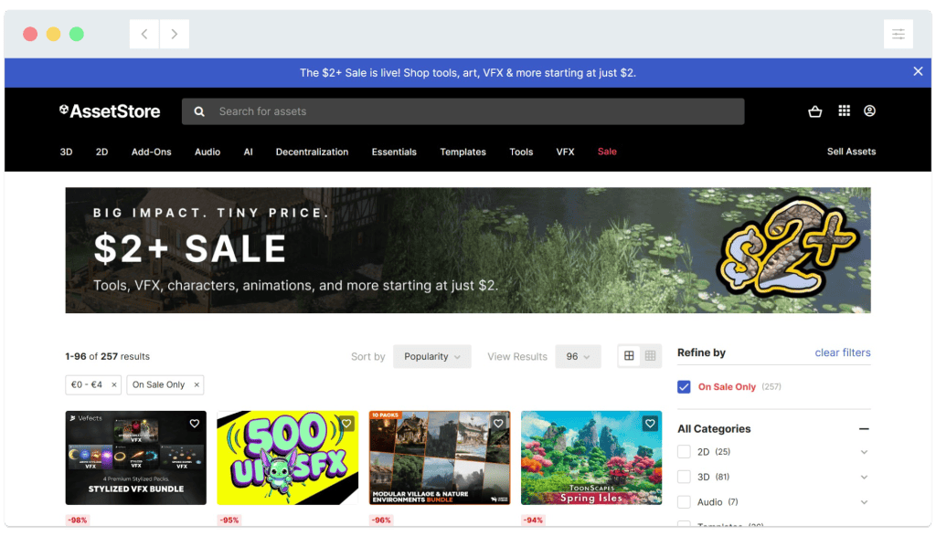 A screenshot of the Unity Asset Store homepage showing a $2+ sale on tools, characters, animations, and VFX assets.
