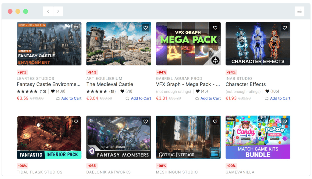 A digital storefront displays discounted packs for game assets, including castles, effects, interiors, monsters, and a puzzle game.