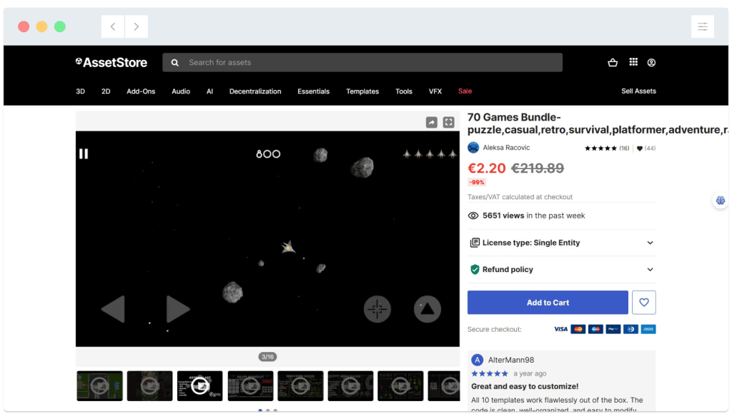 Screenshot of a retro-style space shooter game asset page on the Unity Asset Store, showing price and purchase options.