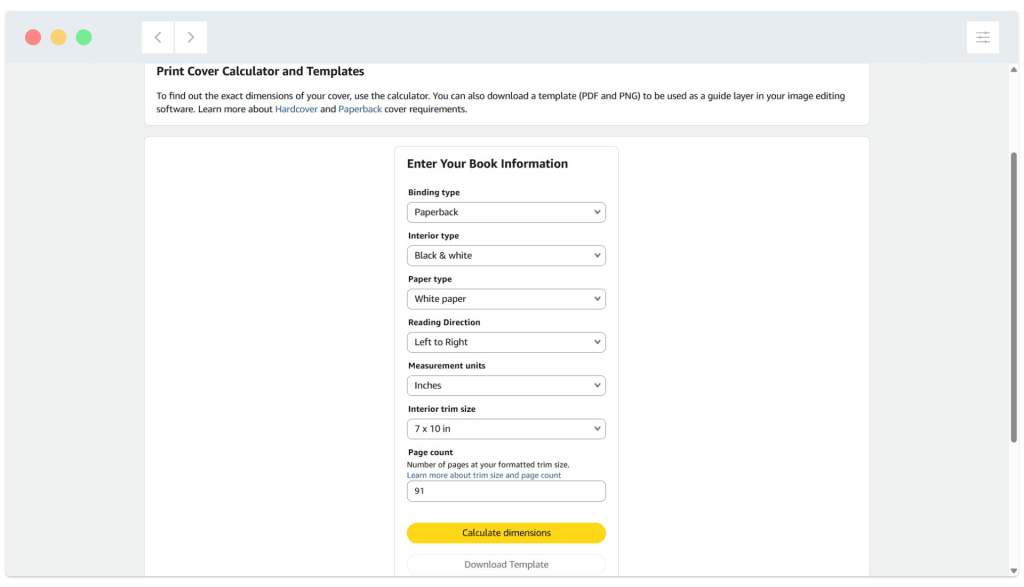 A print cover calculator webpage with dropdown menus for book specifications and a yellow "Calculate dimensions" button.
