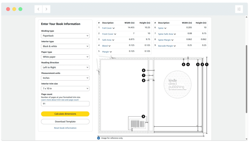 Book cover layout tool showing input fields for book specs on the left and a cover template preview with measurements on the right.