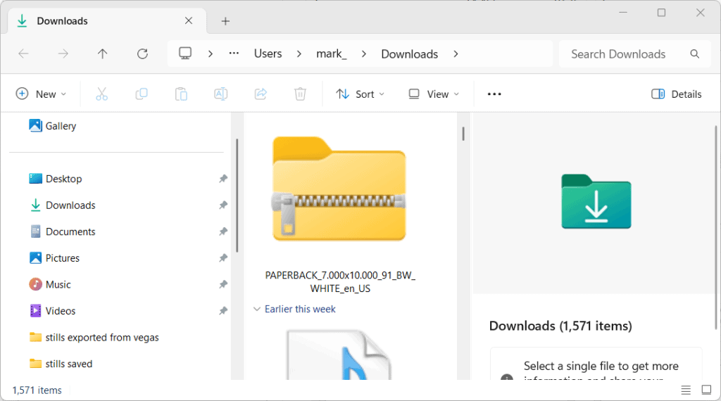 A Windows File Explorer window shows the Downloads folder with a large zipped folder icon selected.