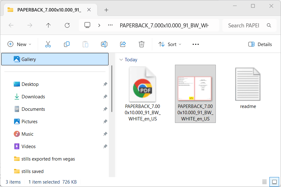 A Windows File Explorer window shows three files: a PDF, a DOCX, and a text file named "readme" in the Gallery folder.