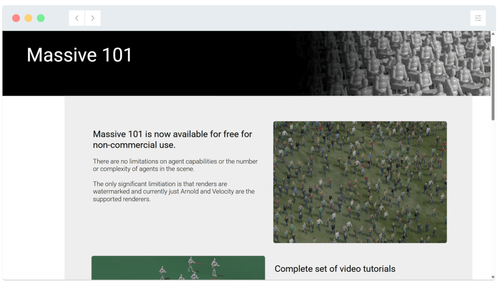 Screenshot of the Massive 101 webpage showing a release announcement and a crowd simulation thumbnail.