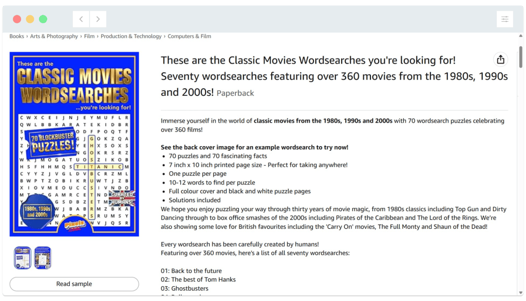 Book cover and Amazon product listing for "Classic Movies Wordsearches," featuring a description and sample wordsearch puzzle.