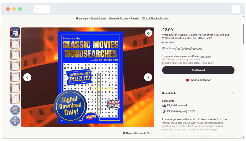 Cover image for a "Classic Movies Wordsearches" digital download puzzle book on an orange film-themed background.