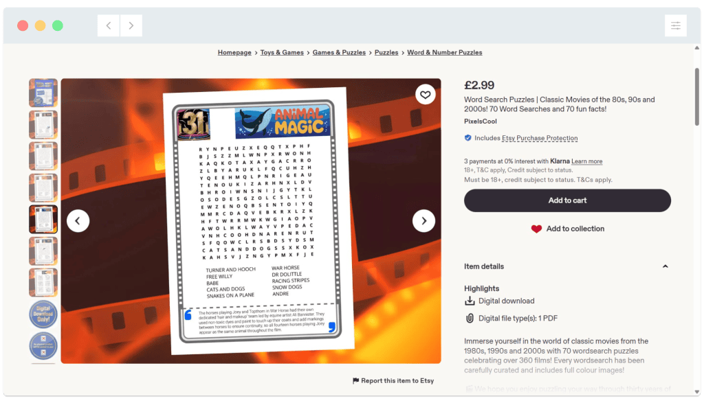 Screenshot of an online listing for an "Animal Magic" word search puzzle, priced at £2.99, with product details on the right.