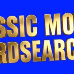 Gold text reading "CLASSIC MOVIES WORDSEARCHES" on a bright blue background.