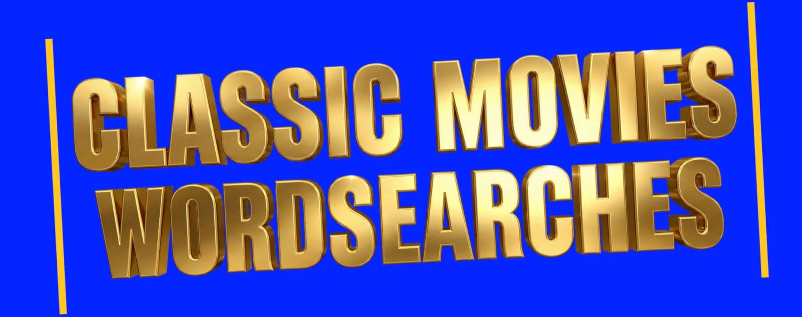Gold text reading "CLASSIC MOVIES WORDSEARCHES" on a bright blue background.