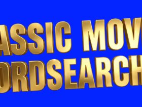Gold text reading "CLASSIC MOVIES WORDSEARCHES" on a bright blue background.