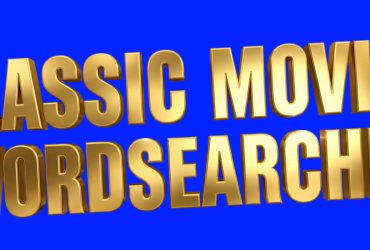 Gold text reading "CLASSIC MOVIES WORDSEARCHES" on a bright blue background.