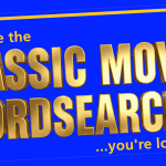 Text reads: "These are the classic movies wordsearches you're looking for!" in bold gold letters on a blue background.