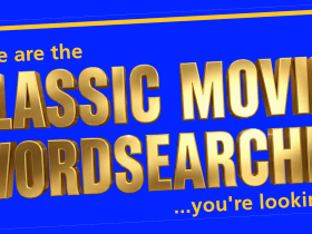 Text reads: "These are the classic movies wordsearches you're looking for!" in bold gold letters on a blue background.