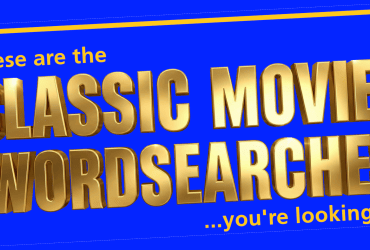 Text reads: "These are the classic movies wordsearches you're looking for!" in bold gold letters on a blue background.